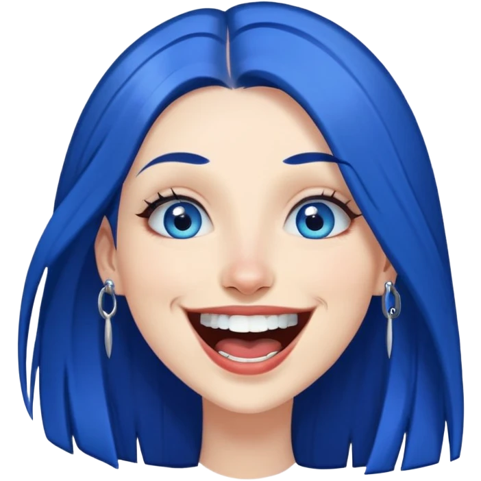 Dark Blue haired blue eyes female long straight hair laughing, pierced lip, pierced nose emoji