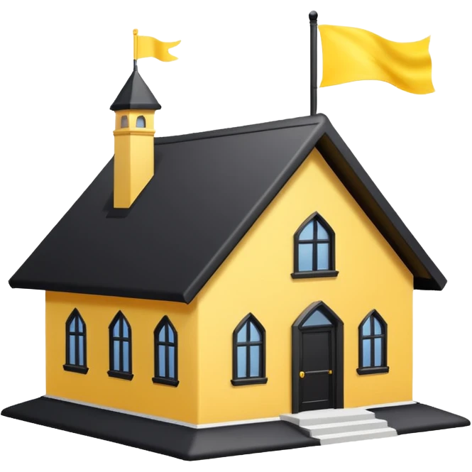 simple magic school, white background, magic school, black roof, with a big flag, big flag on a roof, big yellow flag, white school emoji