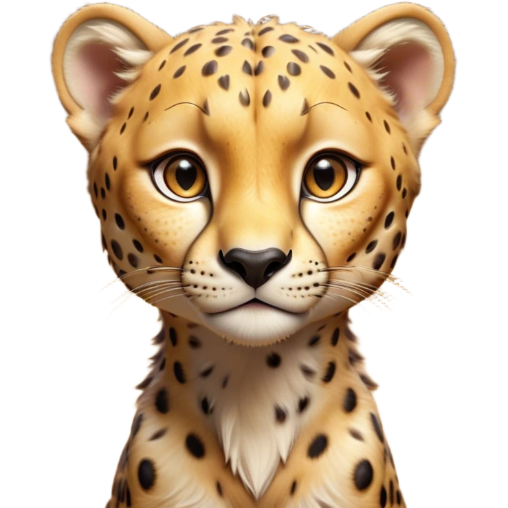 Cinematic Cute Cheetah Portrait Emoji, Head tilted playfully and inquisitively, featuring a glossy, golden spotted Fur with a natural sheen, round, sparkling amber eyes filled with curious mischief, Simplified yet irresistibly adorable features, highly detailed, glowing with a warm, friendly glow, high shine, affectionate and agile, stylized with a touch of savannah whimsy, bright and endearing, soft glowing outline, capturing the essence of a mischievous yet loving cheetah, so playful it feels like it could dash out of the screen and into your arms! emoji