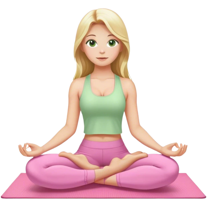 blonde long hair and green eyes yoga beautiful girl in light pink pink pink clothes sitting on a yoga mat emoji