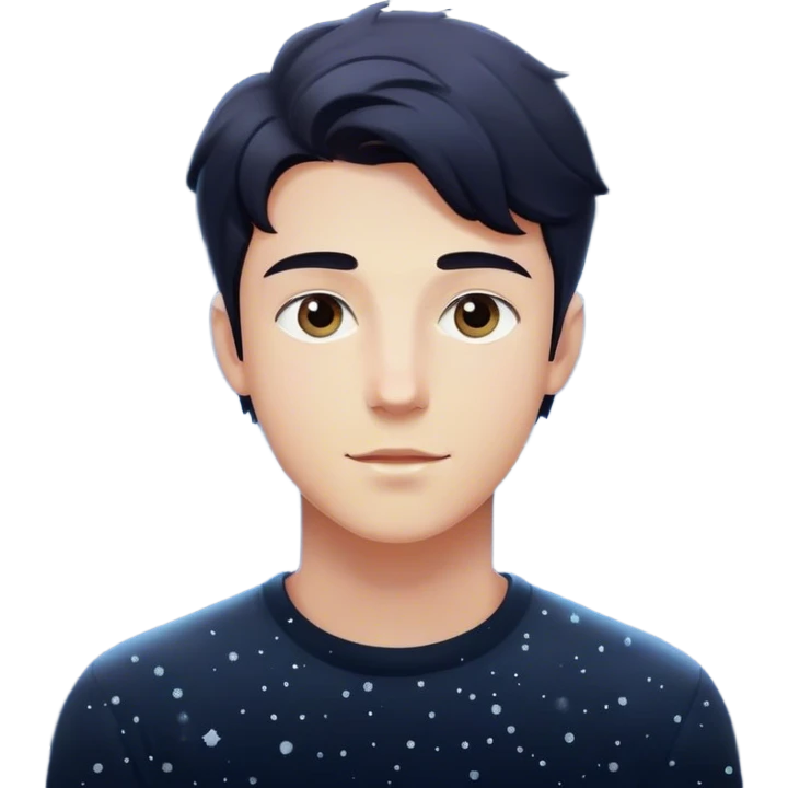 Each particle represents his personal universe. He reaches out, touching one, knowing that everything he does stays in this space forever. universe around him. A young man in a vast, dark starry universe, surrounded by floating particles of light space.  emoji
