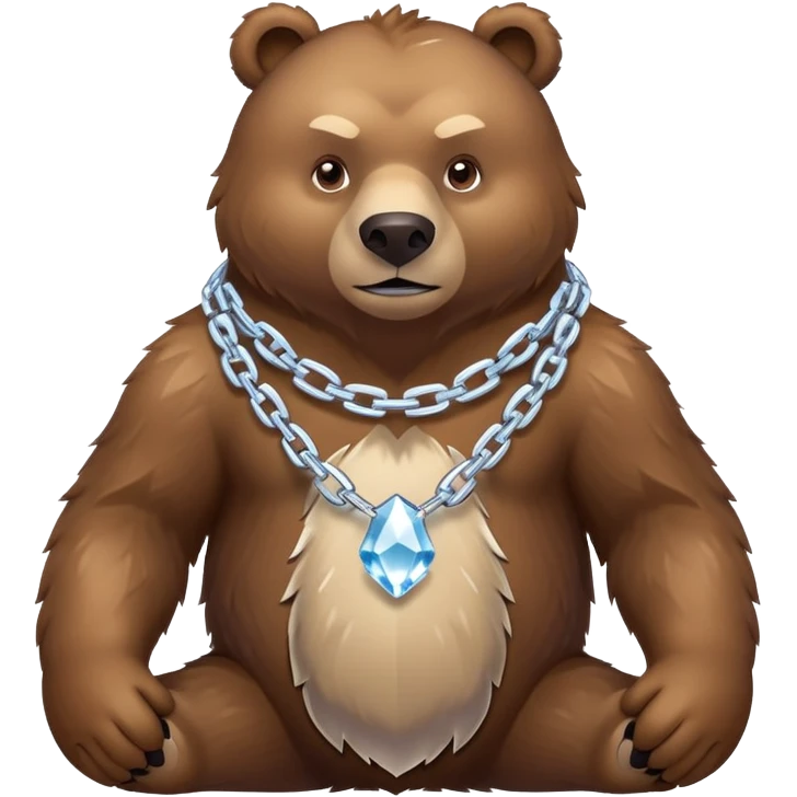 Fierce brown bear walking on four paws with an ice chain necklace, frozen chain links made of crystal clear ice, serious face emoji