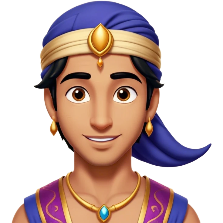 Cinematic Realistic Aladdin Portrait, head tilted playfully and inquisitively, showcasing his roguish charm and bright, mischievous eyes. His signature attire is rendered in exquisite detail with dynamic natural highlights, and a hint of magic sparkles about him—embodying a youthful, adventurous energy with friendly power. emoji