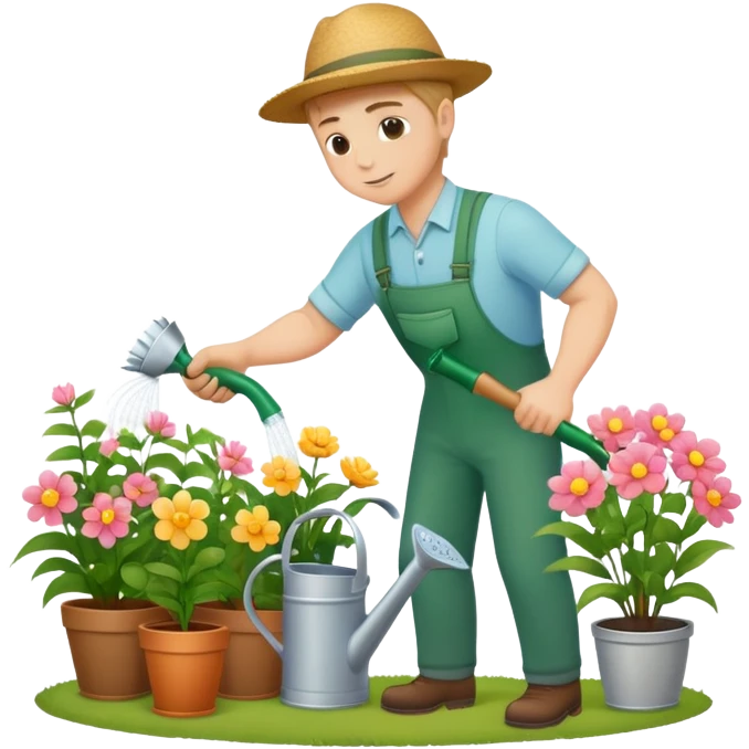 diligent young white male gardener watering flowers emoji