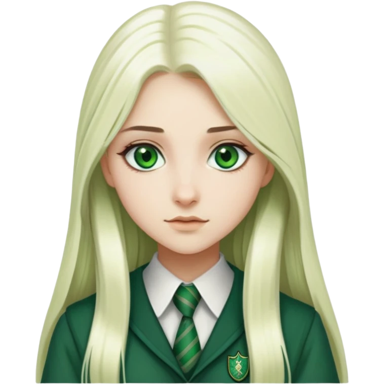 slytherin-student-girl-super-long straight platinum blonde hair-green eyes emoji