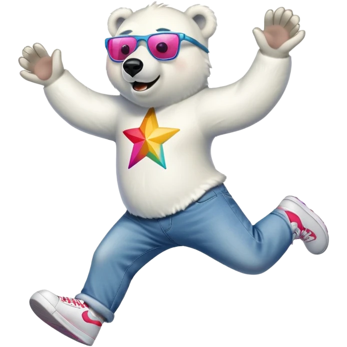 friendly anthropomorphised polar bear leaping with excitement, wearing a shirt, jeans, trainers, oversized colorful star glasses emoji