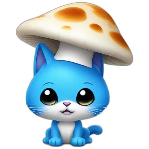 Blue smurf cat with black eyes wearing a large white mushroom as hat, no body emoji