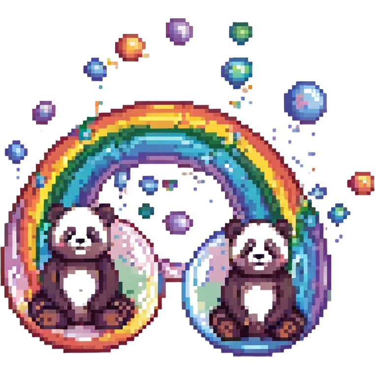 Cinematic still pandas bears sitting inside bubbles flying around San Francisco downtown, sunny summer day, happy vibe, colorfull surround, rainbow emoji