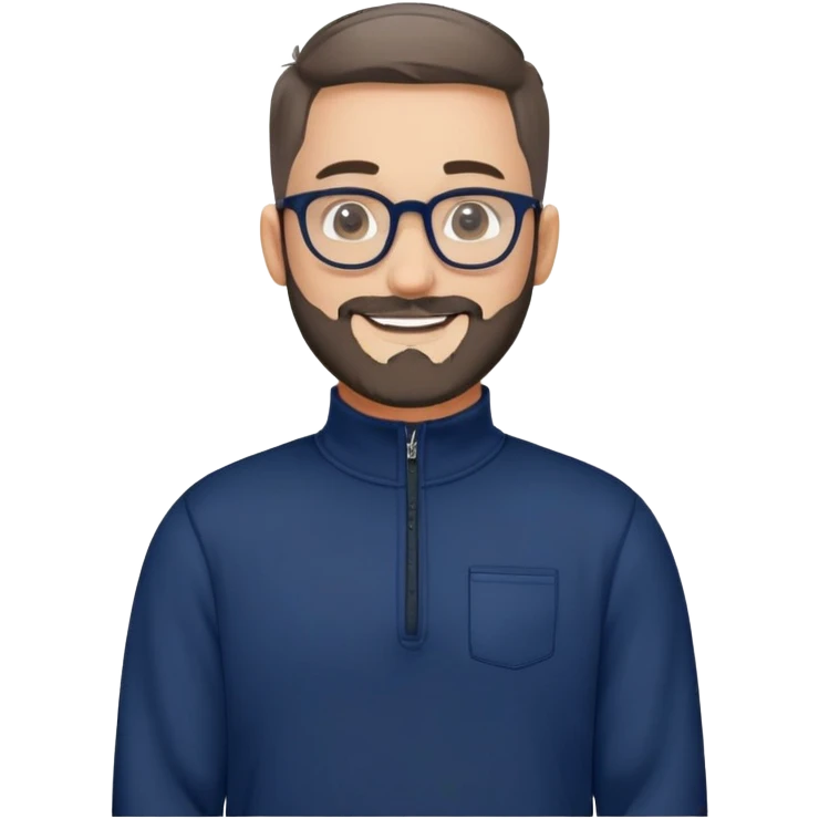 Fair-skinned broader man with oval face, very tight haircut (almost shaved on top, faded sides), short salt and pepper beard, big black-rimmed glasses, friendly smile, navy blue quarter-zip sweatshirt with long sleeves emoji