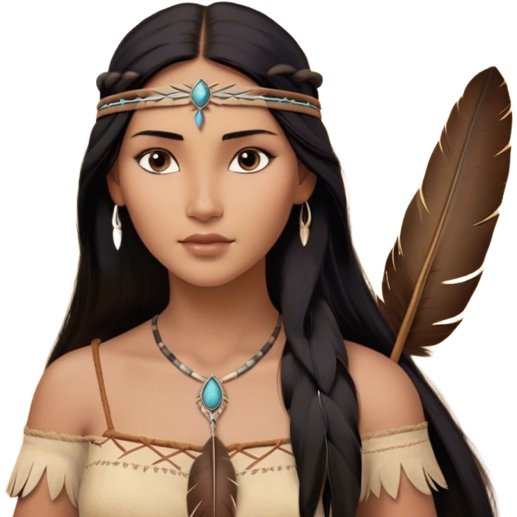 Cinematic Realistic Pocahontas Portrait, depicted with lifelike skin texture, soft natural lighting, and intricately detailed long, flowing raven-black hair that moves gracefully in the wind. Her deep, soulful dark brown eyes exude wisdom and strength, complemented by a serene yet powerful expression. She is shown gently holding a feather in one hand, her other hand resting lightly at her side, embodying the harmonious balance between nature and herself. She is dressed in her classic one-shoulder native American dress, with rich fabric textures and delicate beaded details that catch the light beautifully. The portrait features a soft, sun-kissed glow with a natural, radiant finish, capturing the essence of untamed beauty and deep connection to nature in a realistic and painterly style, evoking a sense of depth and authenticity. emoji