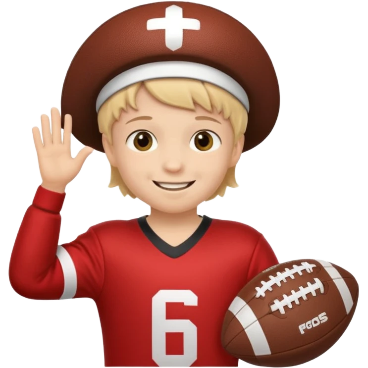 A child stands in a football costume, holding an actor's hat emoji