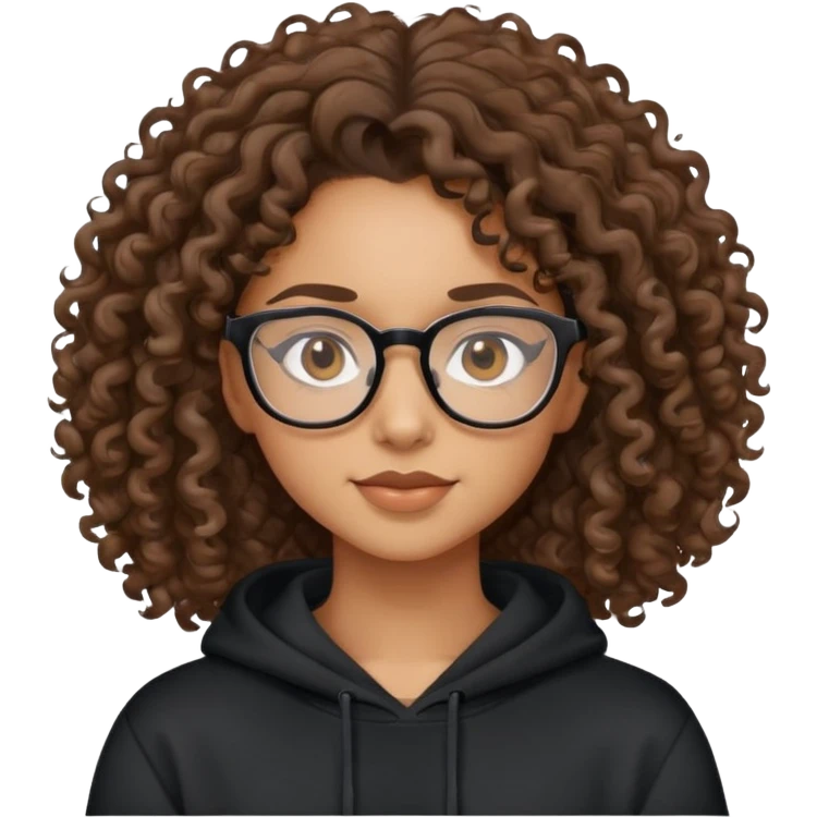 Mixed girl /curly long hair brown / with brown eyes glasses black sweat shirt  emoji