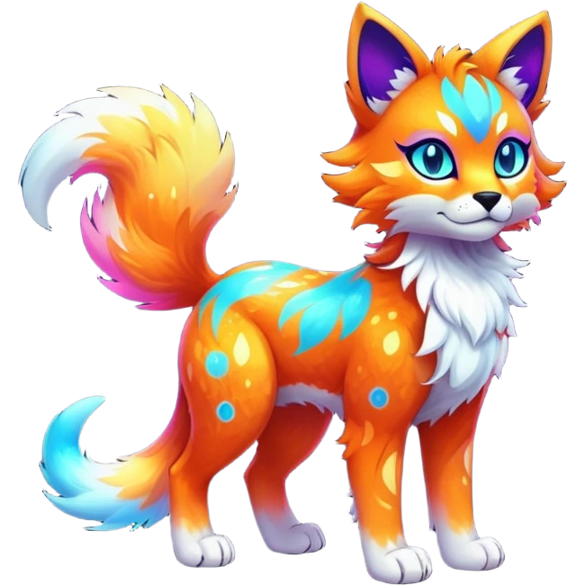 Vibrant multicolored neon-colored Falvie-Fionbri-creature-sparkle-feline-canine-hybrid-fursona, full body, fur pattern-markings emoji