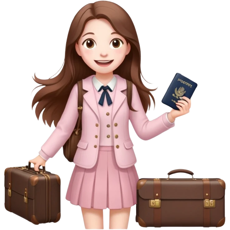 girl with long brown hair with suitcase and passport, cottagecore outfit, excited smile, pale pink sky emoji