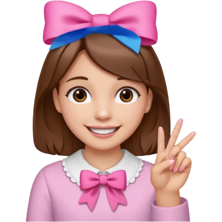 Chica con pelo marron sonriendo con un lazo rosa en la cabeza y con la punta del dedo indice entre los dientes con delicadeza y la otra mano que no salga en el emoji emoji