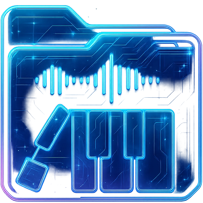 Transform the Polyphone logo into a cyberpunk, holographic style with glowing neon blue and pink edges. Add intricate circuit patterns throughout the entire icon, maintaining the recognizable keyboard and waveform design. Overlay neon and circuit effects in a futuristic, clean style consistent with cyberpunk glow and intricate circuit details. The background should be transparent to highlight the holographic and neon effects. emoji