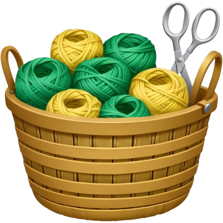 A tidy basket with neatly arranged green and yellow skeins and scissors. emoji