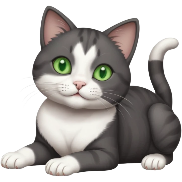beautiful female solid dark grey cat with green eyes, white toes/paws and white patch on her chest rolling upside down emoji
