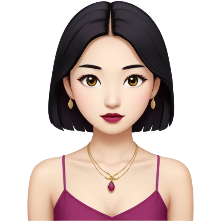 An Asian fair-skinned girl with long black hair (parted to the right side), with double eyelids, almond-shaped eyes, thick dark eyebrows, regular small nose, and natural regular lips. Makeup: dark eyelashes, raspberry color lipstick, and an eyeliner. Clothes: white spaghetti strap crop top and a golden modest necklace. No earrings. Emoji should be iOS style. emoji