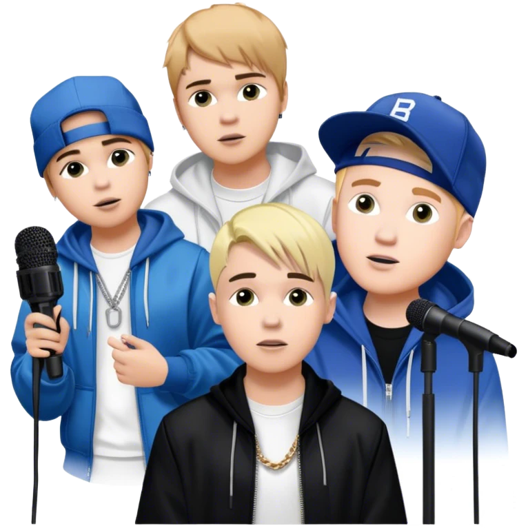 Pop music collage: Justin Bieber, Eminem, Ed Sheeran, and Billie Eilish in signature looks. Stage lights, microphones, and musical notes around them. Transparent background. emoji