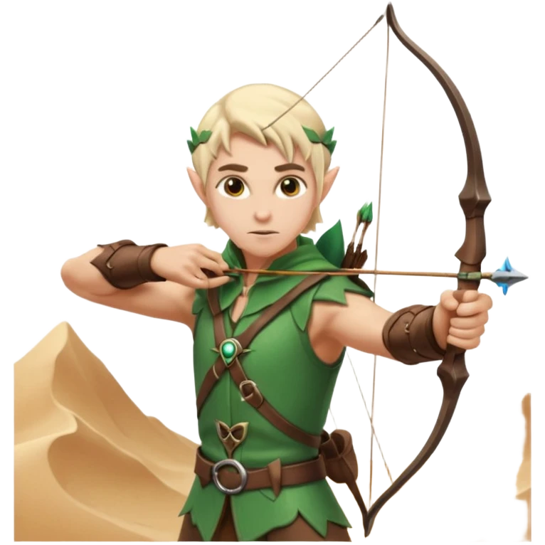 elf male archer aiming at target, summer leather gear, bow, pointy ears, determined look, sand dune backdrop, centered emoji emoji