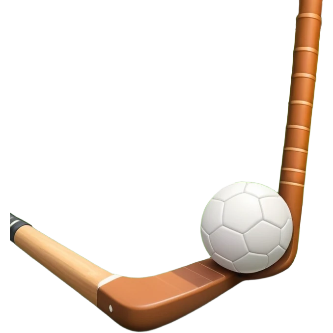 A field hockey stick and ball resting on a well-maintained green grass field, with the goalposts and markings visible in the background. The scene highlights the precision and focus of the sport, with the vibrant green pitch creating a dynamic atmosphere. emoji