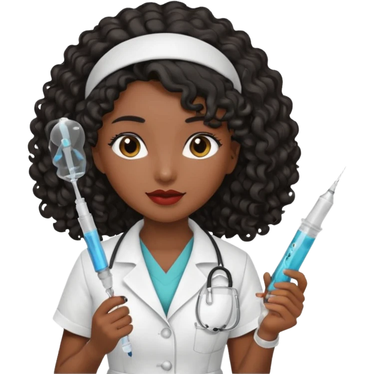 Tan girl with black long curly hair nurse holding syringe emoji