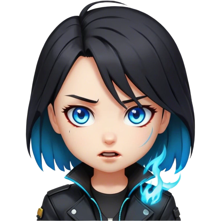 Black hair cyberpunk 2077 chibi girl with blazing blue eyes and black jacket. All emotion reactions emoji