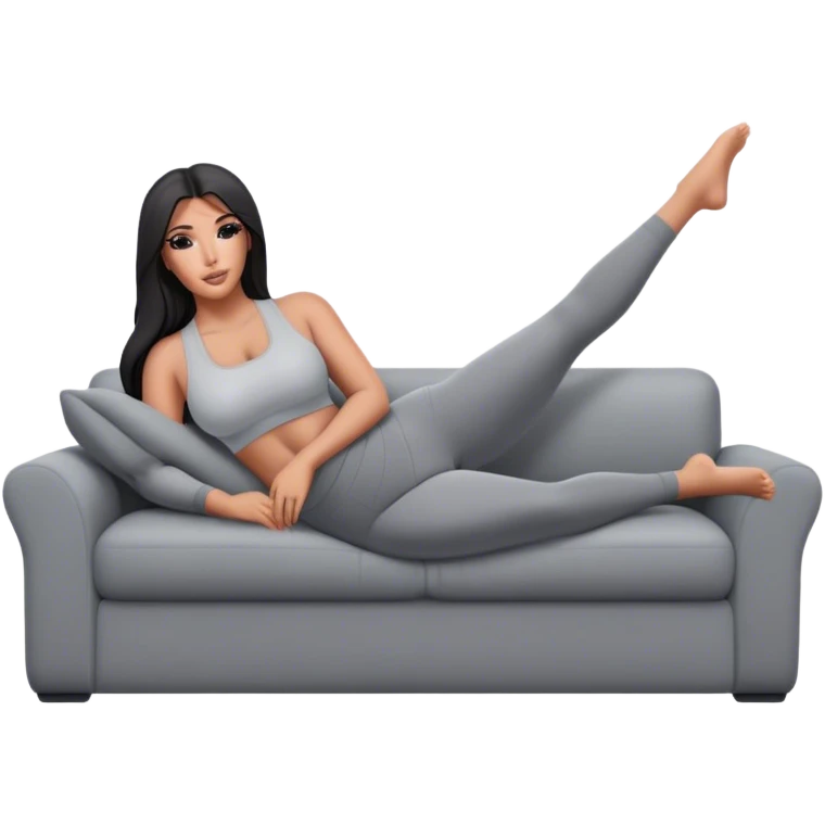 hyper-realistic kim kardashian in gray yoga pants lie on couch comfy emoji