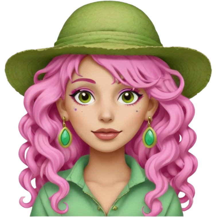 pink haired very long curly haired woman with full full face light green clay mask  and big earrings and hat with full face clay mask emoji