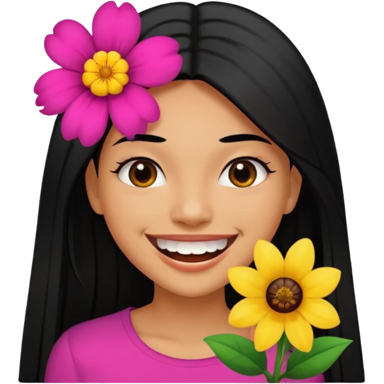 Woman with big teeth, a little tan and long straight black hairs with emoji