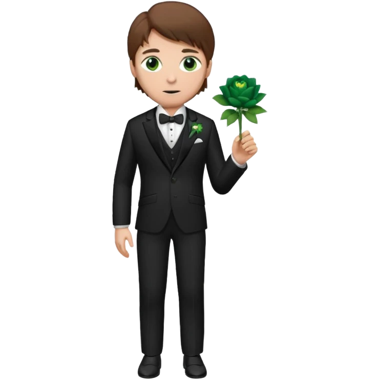 Chico blanco, pelo castaño, ojos verdes, traje boda oscuro y flor solapa , cuerpo entero emoji