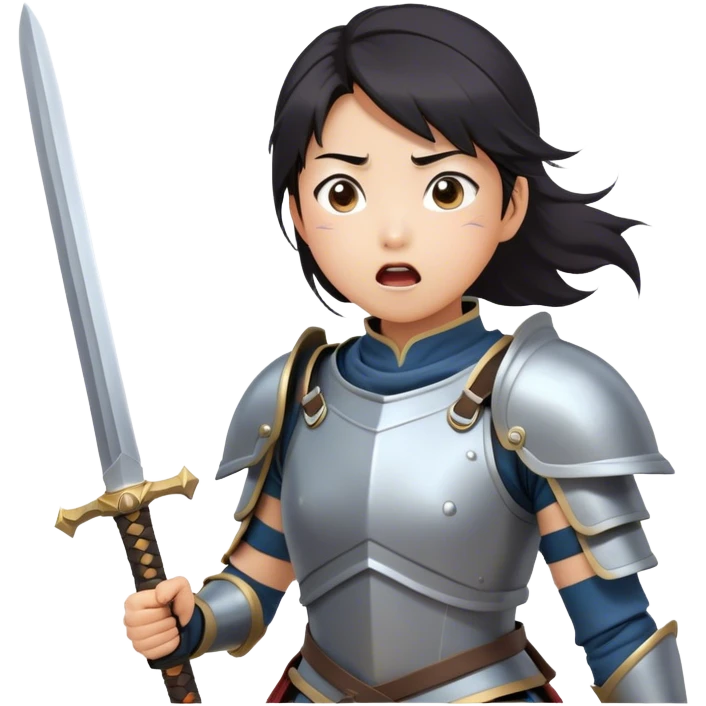 Cinematic Funny Mulan Portrait Emoji, Wearing her training armor too big, looking surprised as a sword nearly topples her over, a mix of warrior determination and hilarious inexperience, a comical yet endearing moment in her transformation! emoji
