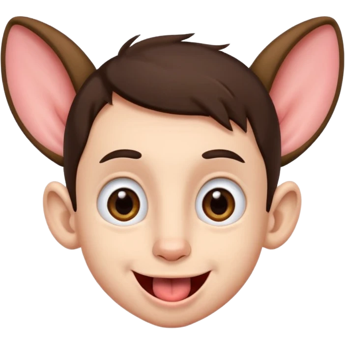 a brunette boy with small eyes with big human ears and with his tongue out emoji
