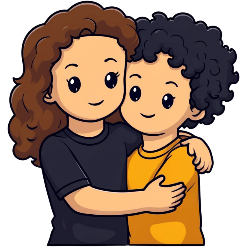 girl with long light brown hair and pale skin hugging a boy with black curly hair and tanned skin emoji