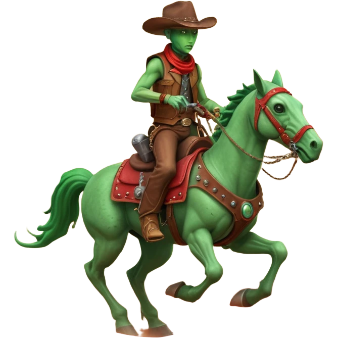 An alien cowboy riding a mechanical horse across a red Martian desert, two moons in the sky, dust storm swirling, wide cinematic shot, dramatic composition, hyper detailed, sci-fi western fusion emoji