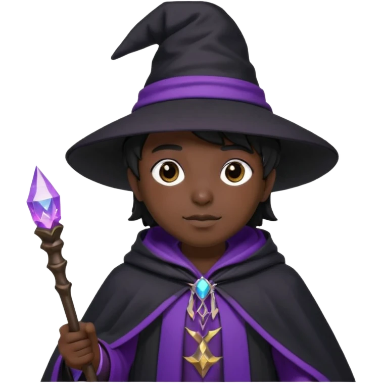Wizard, black cloack with black hat, wand with purple magic, anime style, 3d emoji