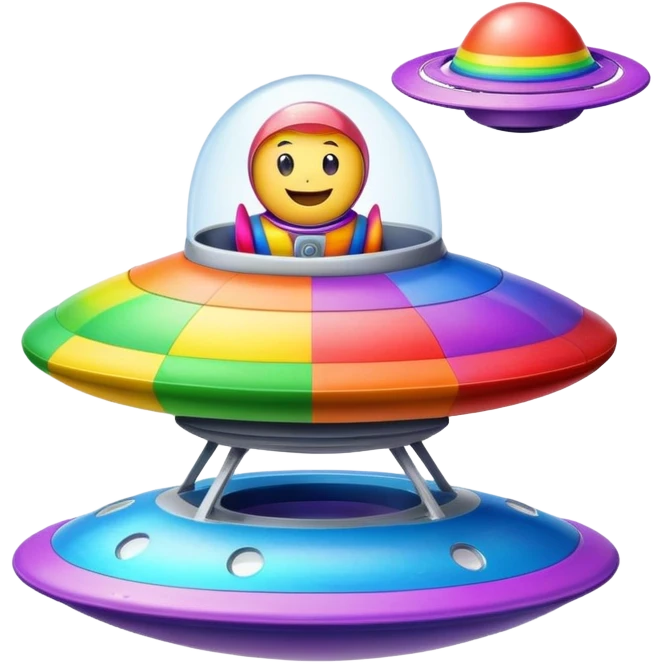 A colorful rainbow crayon character riding on top of a flying saucer UFO in space emoji
