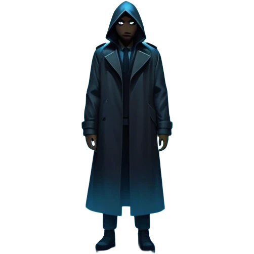 Movie Poster: A tense, gripping design with dramatic lighting. Shadows loom, and ominous shapes emerge from the mist. Suspenseful and cinematic atmosphere.  Include a mysterious figure in a dark coat standing in a rain-soaked alley, with glowing neon signs in the background. Transparent background. emoji