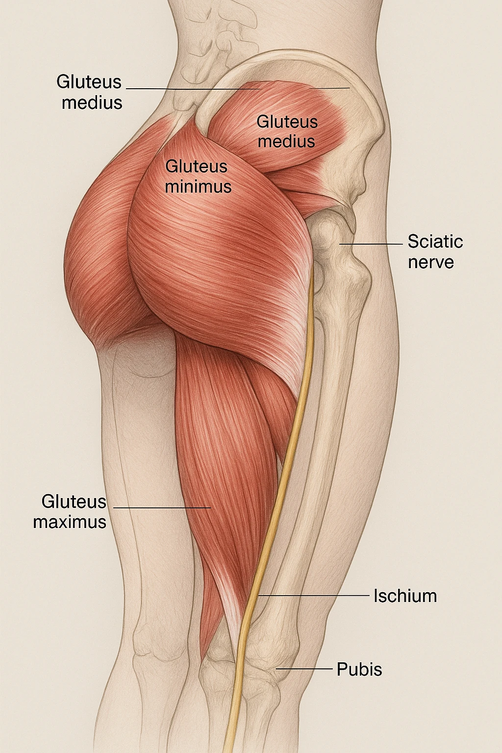 Anatomical view of the female gluteus with highlighted muscles, pelvic bones, and sciatic nerve inspired by the reference photo. Render in a detailed medical style with a neutral background. emoji