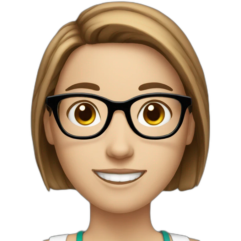 White girl with short brown hair and glasses smilling emoji