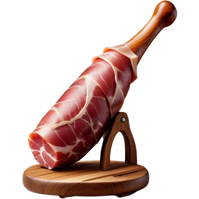 ​Cinematic Realistic Spanish Jamón Leg, depicted as a massive, cured leg of Jamón serrano with a deep reddish-brown hue, intricately marbled and slightly glossy with age, elegantly displayed on a rustic wooden stand and bathed in warm, soft lighting that accentuates its artisanal heritage, emoji