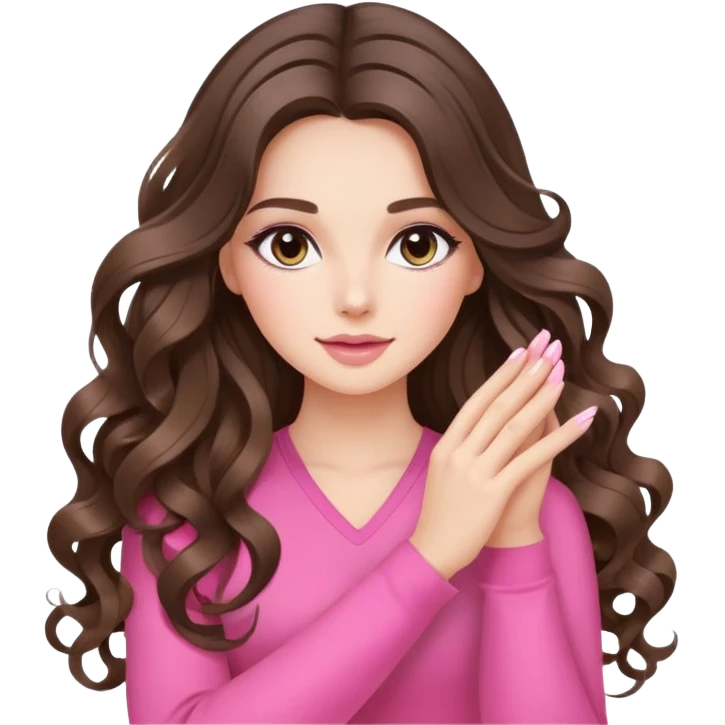 beautiful brunette with a light balayage white girl with nice defined loose and long curls , very long hair, clean girl makeup STRETCHING WITH PINK SET ON emoji