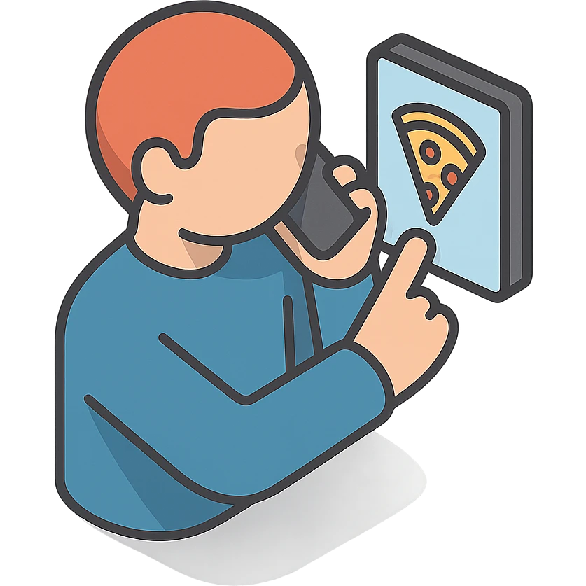 человек заказывает через телефон пиццу emoji