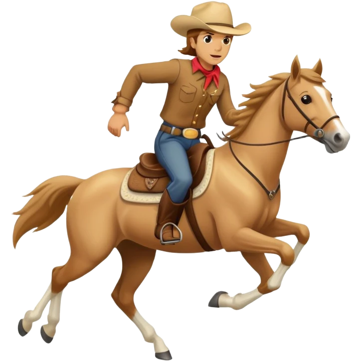 palomino horse running with a rider with brown hair and a cowboy hat emoji