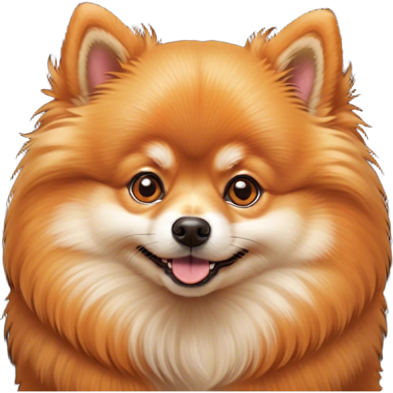 Cinematic Cute Orange Pomeranian Portrait Emoji, Head tilted playfully and inquisitively, featuring a luscious, fluffy orange Fur with a natural sheen, round, sparkling brown eyes filled with curiosity, Simplified yet irresistibly adorable features, highly detailed, glowing with a warm, friendly glow, high shine, affectionate and lively, stylized with a touch of whimsy, bright and endearing, soft glowing outline, capturing the essence of a mischievous yet loving pup, so playful it feels like it could scamper out of the screen and into your arms! emoji