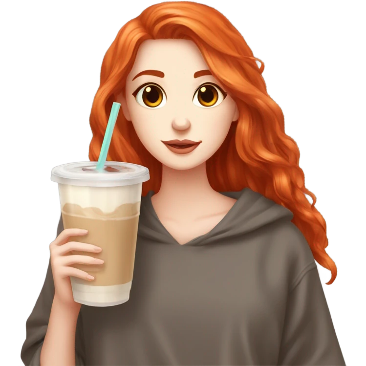 Beautiful fair skin long orange red hair girl brown eyes fair skin girly beautiful drinking straw iced ice coffee clean white beautiful emoji