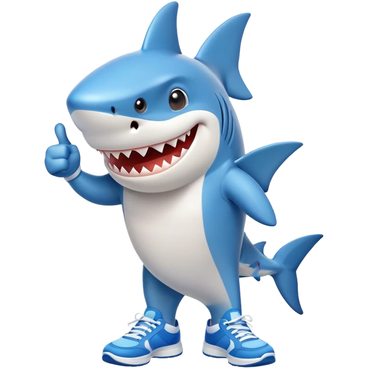 Funny shark character with blue sneakers showing thumbs up emoji