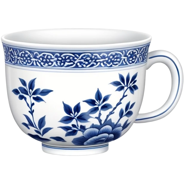 traditional Chinese tea cup with blue and white porcelain design without handle, clean simple style emoji