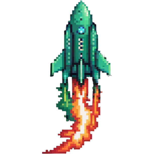 green to red gradient rocket flying diagonally to the upper right corner, with pixel art flame trail emoji